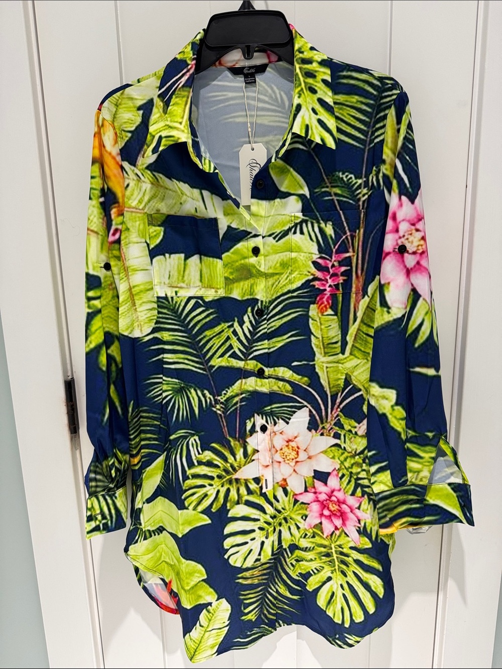 NWT ShallWe Tropical Print ButtonDown Cover Up Navy & Green Size L